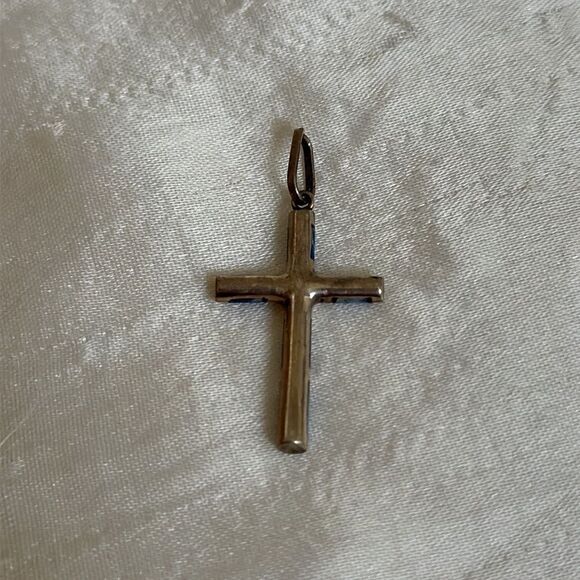 Vintage 925 Sterling Silver Lapis Lazuli Inlaid Cross Pendant - Picture 4 of 4